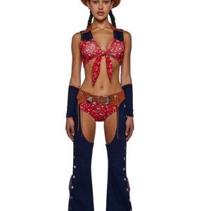 Dolls Kill Red Bandana Cowgirl Chaps Set with Navy Accents